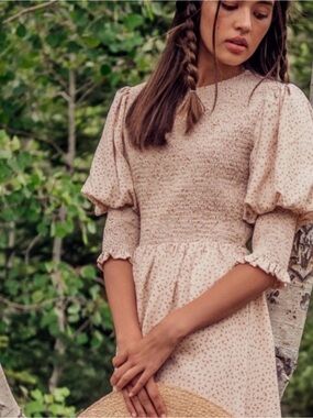 JessaKae Light Pink Smocked Puff-Sleeve Midi Dress